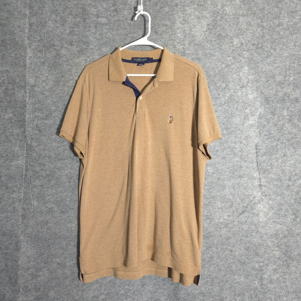 US Polo Assn Luxury Feel Mens Large Tan Short Sleeve Logo Knit Polo Shirt 15937